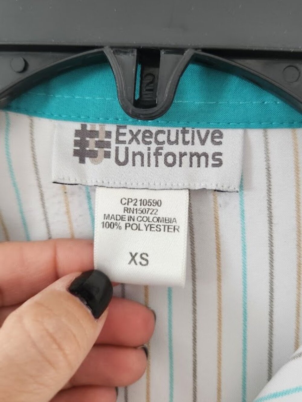 Executive Uniforms Striped Button Down Blouse Shirt XS Teal Blue Tan White - Picture 12 of 16